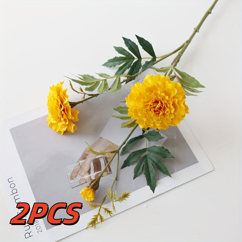 2pcs Vibrant Orange Silk Marigolds Set - Perfect for Home, Living Room, Halloween, Day of the Dead, Weddings & Parties