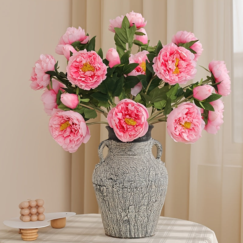 2 Bouquets of 3 Artificial Peony Silk Flowers with Leaves for Home, Office, Wedding, Party, and Festival Decor - Plastic, Multi-Room Use, Bar Decor