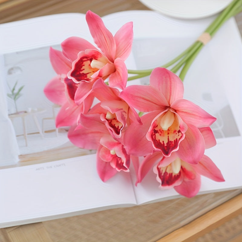 1pc Boho Chic Artificial Orchid Bouquet with 6 Blooms - Perfect for Home Decor, Weddings & Parties, Orchid, Double Stem, Silk