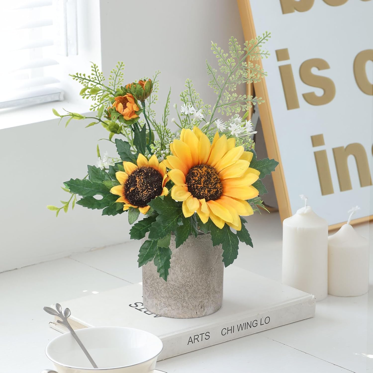 4PCS Mini Potted Fake Plants Artificial Sunflowers Faux Greenery Plants for Home Office Desk Farmhouse Room Decor