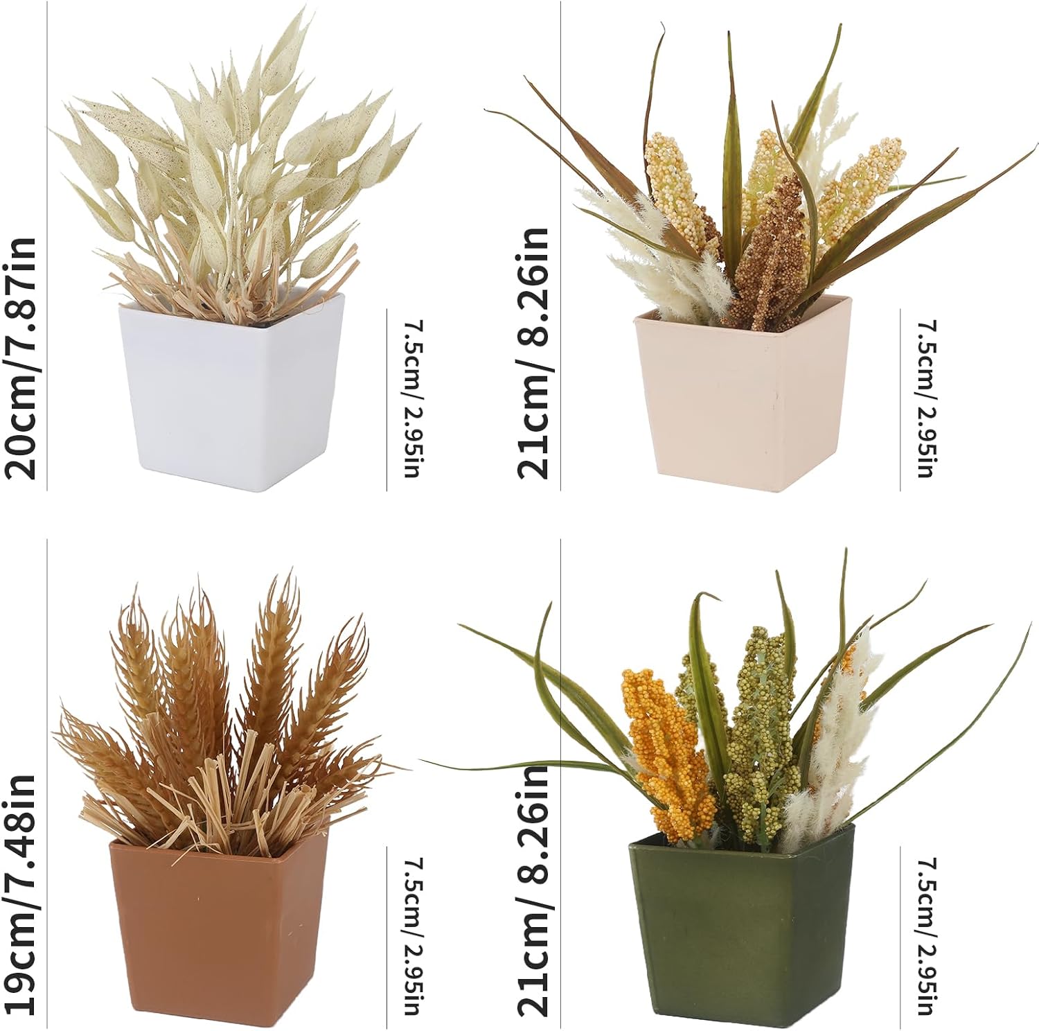 4Pcs Mini Faux Wheat Pot Set Artificial Wheat Grass Decor for Home Fake Plant Wheat Stems Dried Grass for Office Fall Decoration Desk Coffee Table Bathroom Bedroom