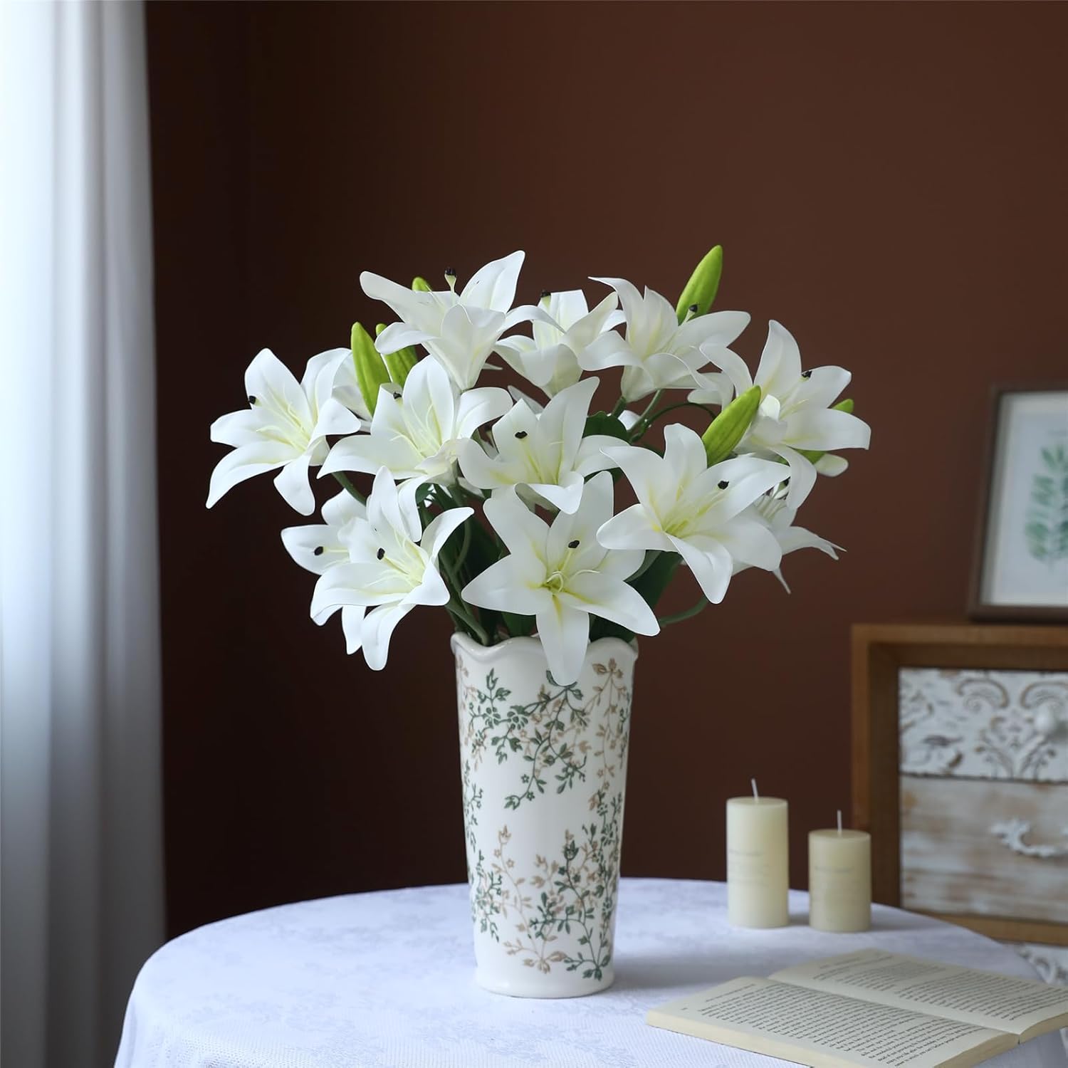 24 Flower Heads 2 Pcs Artificial Flowers White Lily Silk Faux Flowers for Wedding Bouquet Home Party Indoor Table Hotel Office Vases Floral Arrangements Decor