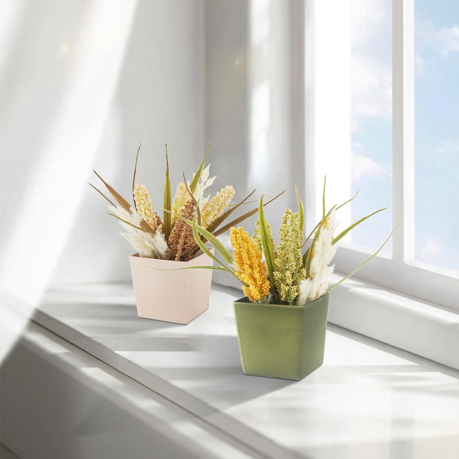 4Pcs Mini Faux Wheat Pot Set Artificial Wheat Grass Decor for Home Fake Plant Wheat Stems Dried Grass for Office Fall Decoration Desk Coffee Table Bathroom Bedroom