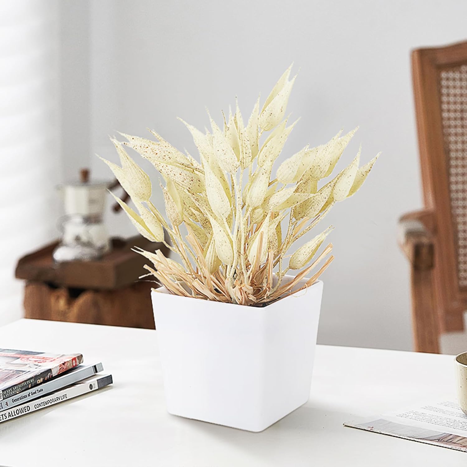 4Pcs Mini Faux Wheat Pot Set Artificial Wheat Grass Decor for Home Fake Plant Wheat Stems Dried Grass for Office Fall Decoration Desk Coffee Table Bathroom Bedroom