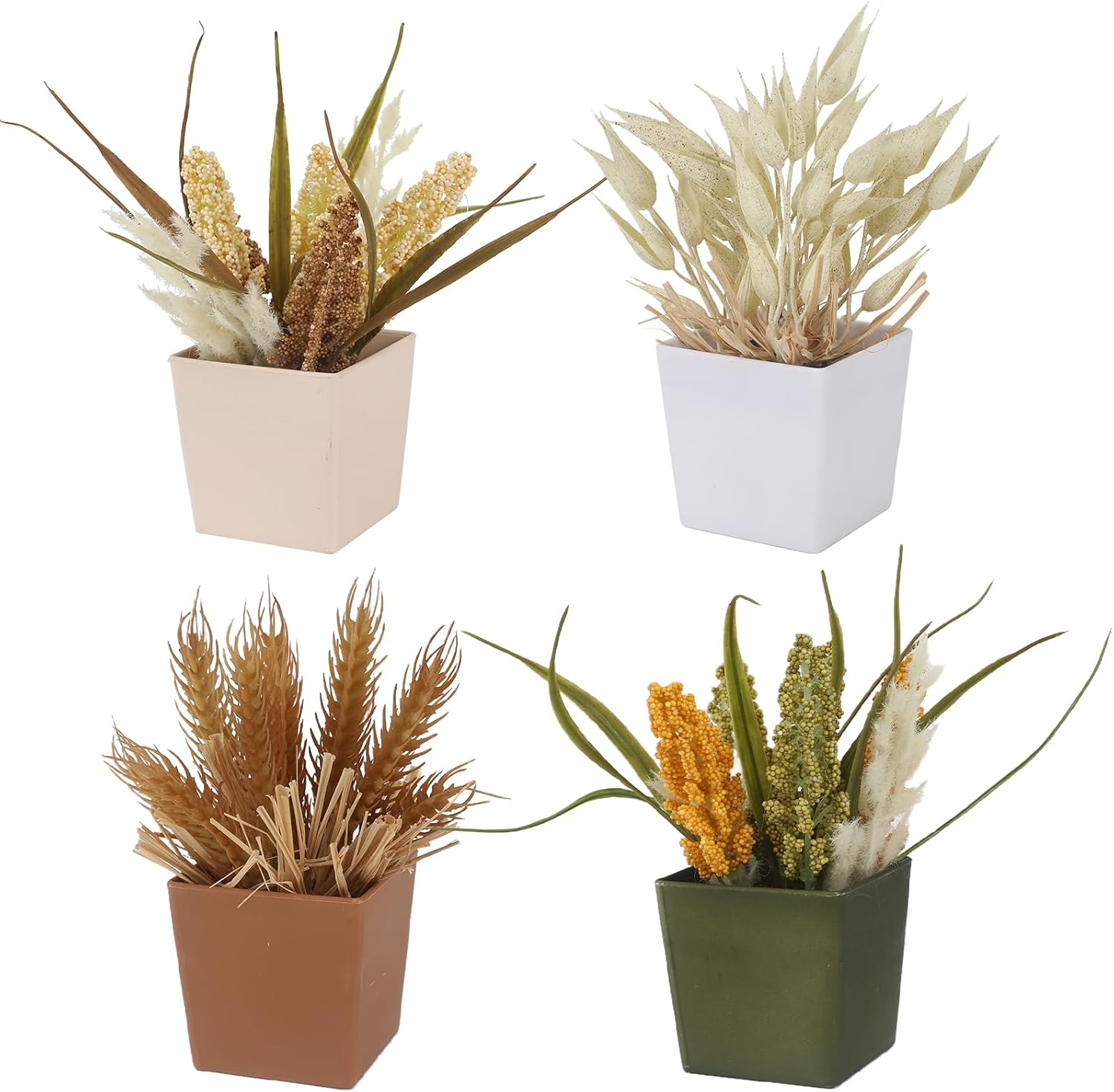 4Pcs Mini Faux Wheat Pot Set Artificial Wheat Grass Decor for Home Fake Plant Wheat Stems Dried Grass for Office Fall Decoration Desk Coffee Table Bathroom Bedroom