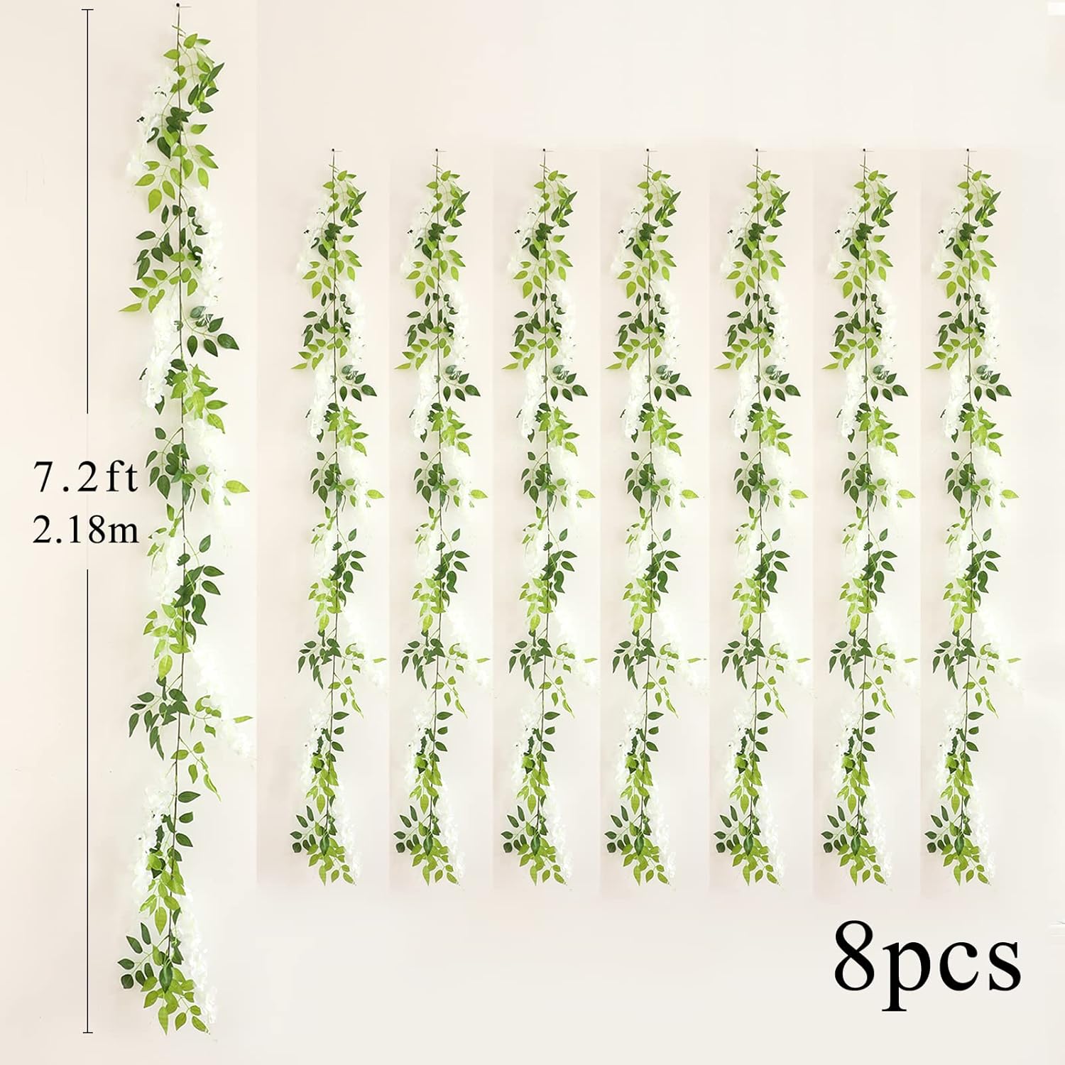 Wisteria Artificial Flowers Garland, 8Pcs Total 57.6ft Silk Faux Wisteria Vine Kit, Hanging Flower Plant for House Outdoor Garden Ceremony Outside Wedding Arch Floral Decor (8, White)
