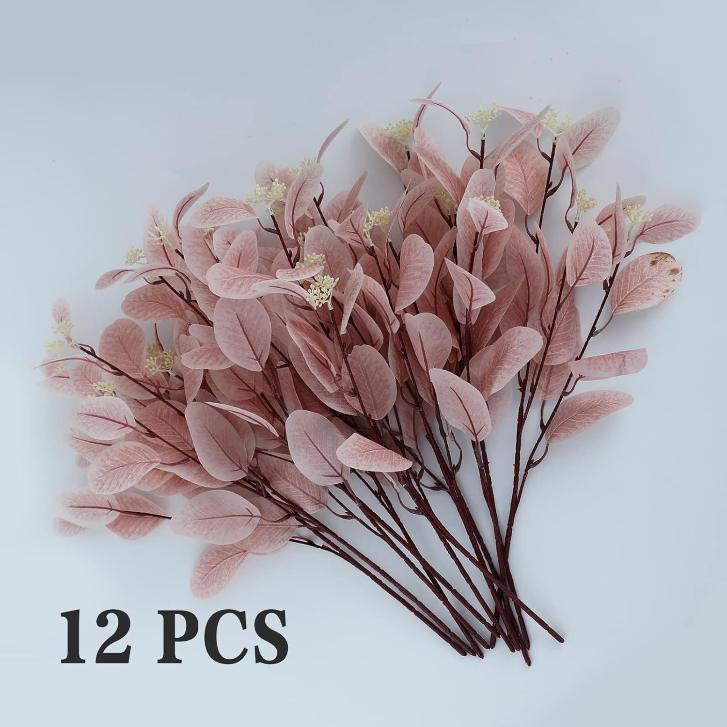 20" Silk Artificial Eucalyptus Stems, 12 Pcs Fake Eucalyptus Stem with Leaves Berries, Greenery Plants Floral Decorations for Wedding Party Home Flowers Arrangement Boho Decor (Blush)
