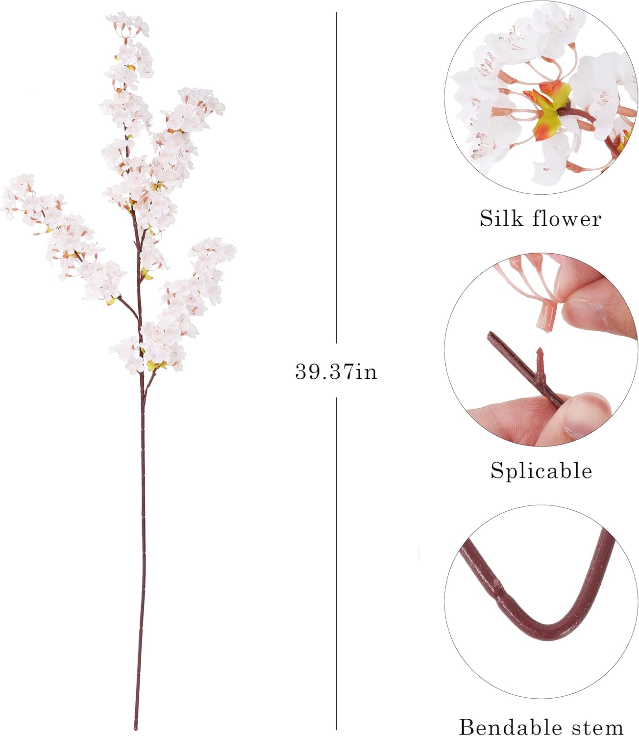Artificial Cherry Blossom Branches 3Pcs 40" Faux Silk Cherry Blossom, Fake Flowers with Leaves Bouquet Decorations for Home Living Room Bedroom Table Centerpiece Vase Wedding Decor (White)