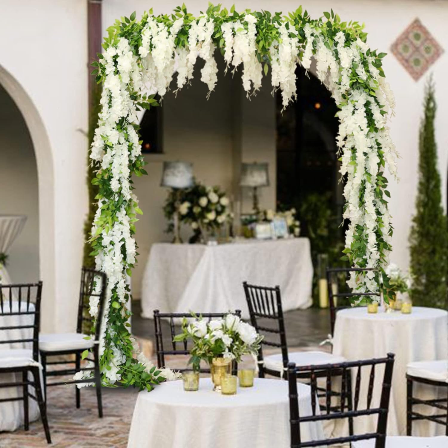 Wisteria Artificial Flowers Garland, 2Pcs 7.2Ft/Piece Silk Fake Wisteria Vine Kit, Hanging Flower for House Outdoor Garden Ceremony Outside Wedding Arch Floral Decor (2, White)