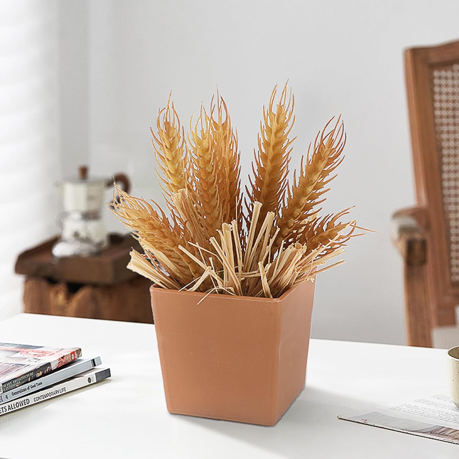 4Pcs Mini Faux Wheat Pot Set Artificial Wheat Grass Decor for Home Fake Plant Wheat Stems Dried Grass for Office Fall Decoration Desk Coffee Table Bathroom Bedroom