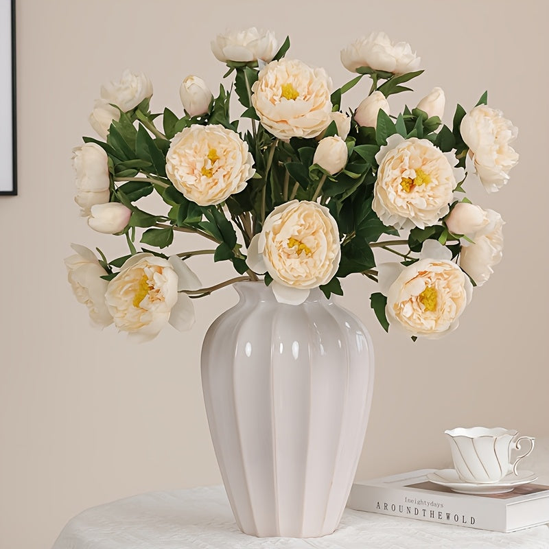 2 Bouquets of 3 Artificial Peony Silk Flowers with Leaves for Home, Office, Wedding, Party, and Festival Decor - Plastic, Multi-Room Use, Bar Decor