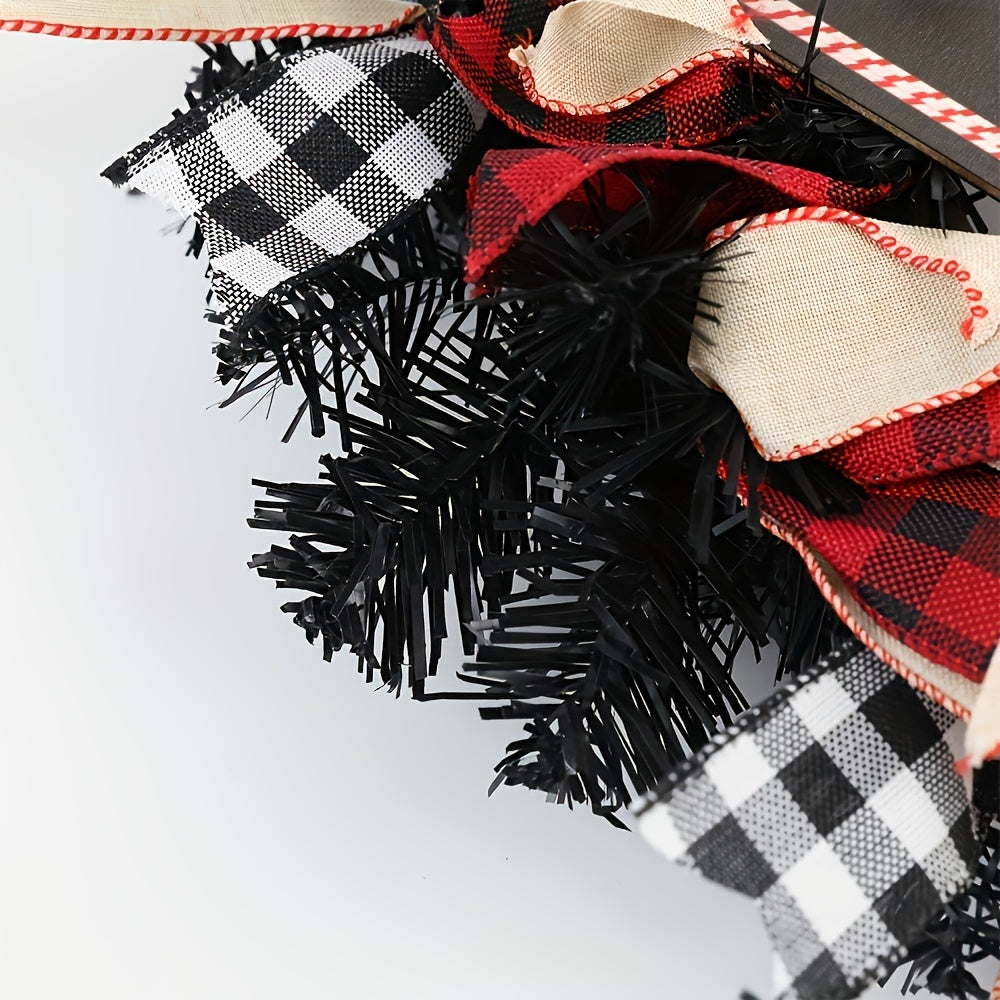 1pc Festive Fabric Christmas Wreath with Black Faux Leaves and Bow - Wall Mountable Holiday Decor for Home, Living Room, Kitchen, Door, Window, Patio, Wedding, Christmas, Thanksgiving, New Year, Mother&