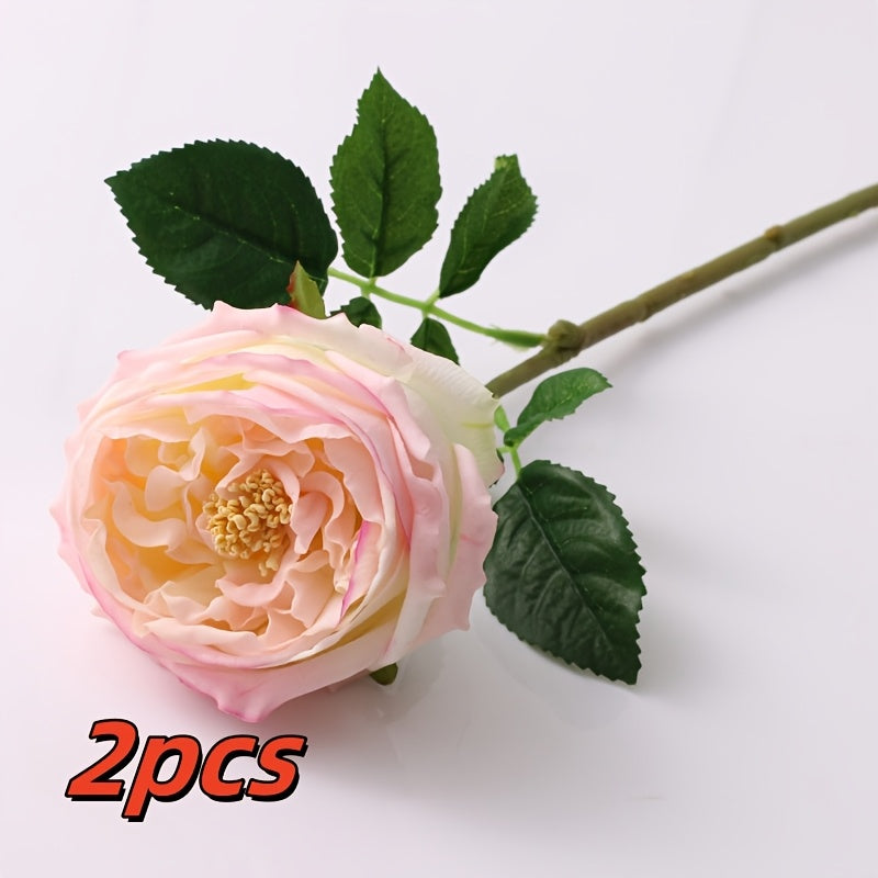 2pcs UKELER Real Touch Latex Pink Austin Roses, Plastic Artificial Flowers for Wedding Bouquet, Home Decor, Tabletop Arrangement, Thanksgiving, Christmas, Easter, Valentine&
