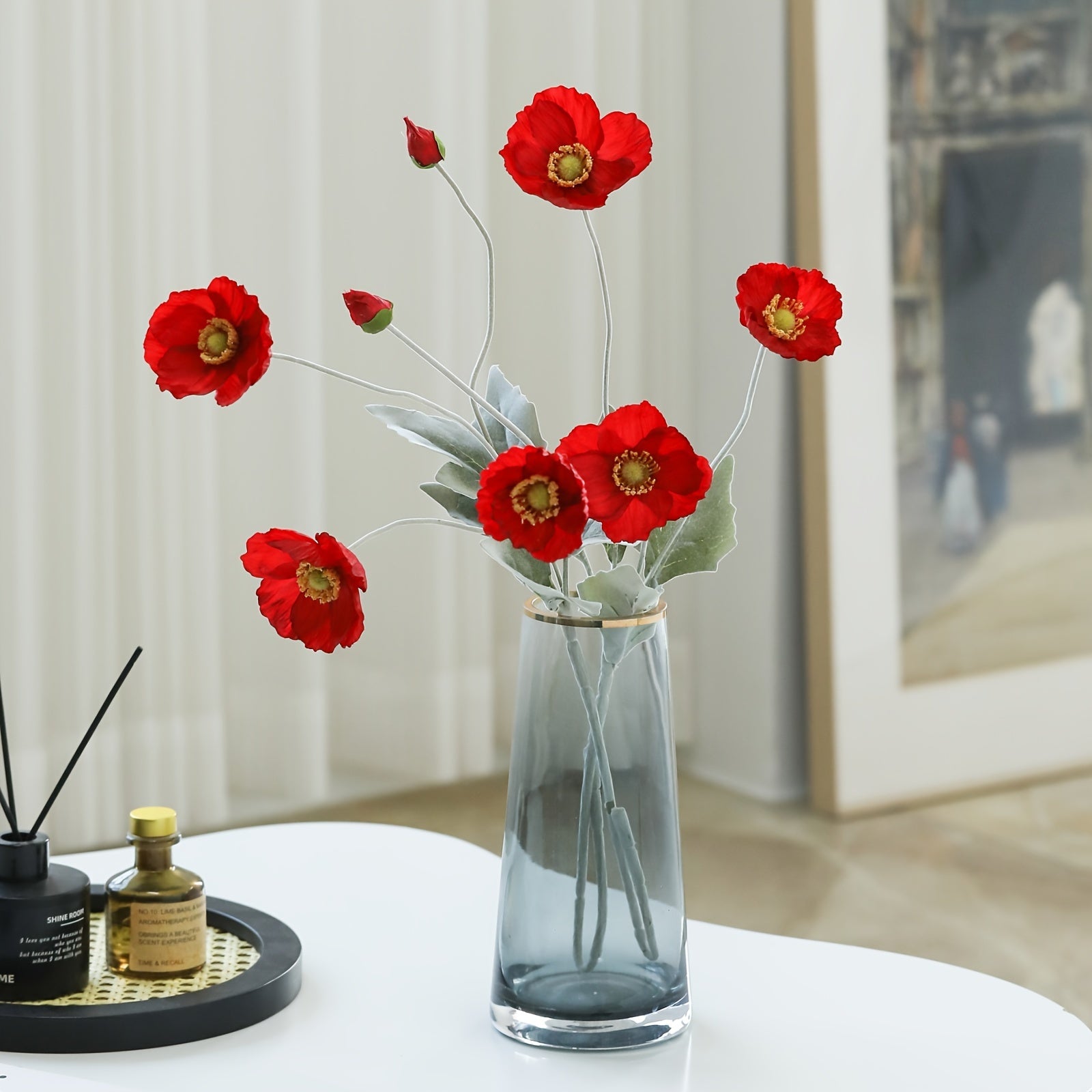 Boho Style Artificial Poppy Swags - 2pc 23" Faux Corn Poppy Stems, Silk Flower Bouquets for Home Decor, Dining Table Centerpieces, Wedding Party, Thanksgiving Fall Decorations