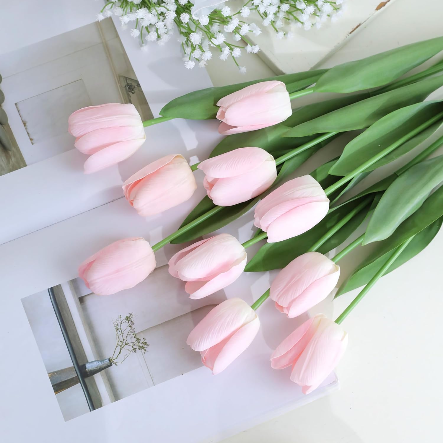 10Pcs Light Pink Artificial Tulips Silk Flowers,Fake Tulips, Faux Flowers Decoration for Vase, Wedding, Party, Kitchen, Flowers Backdrop,Office, Home, Bedroom, Table Centerpiece Decor