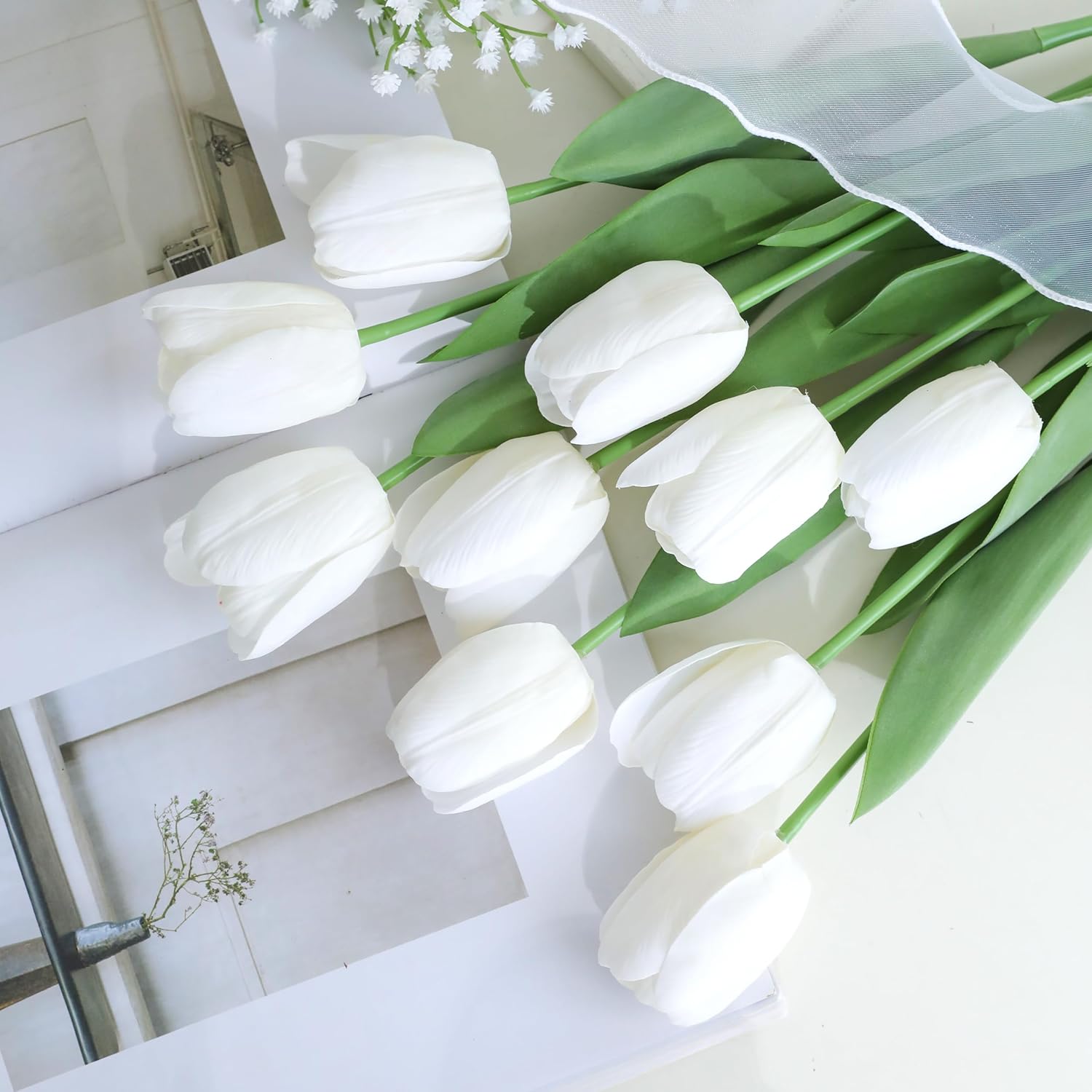 10Pcs Light Pink Artificial Tulips Silk Flowers,Fake Tulips, Faux Flowers Decoration for Vase, Wedding, Party, Kitchen, Flowers Backdrop,Office, Home, Bedroom, Table Centerpiece Decor