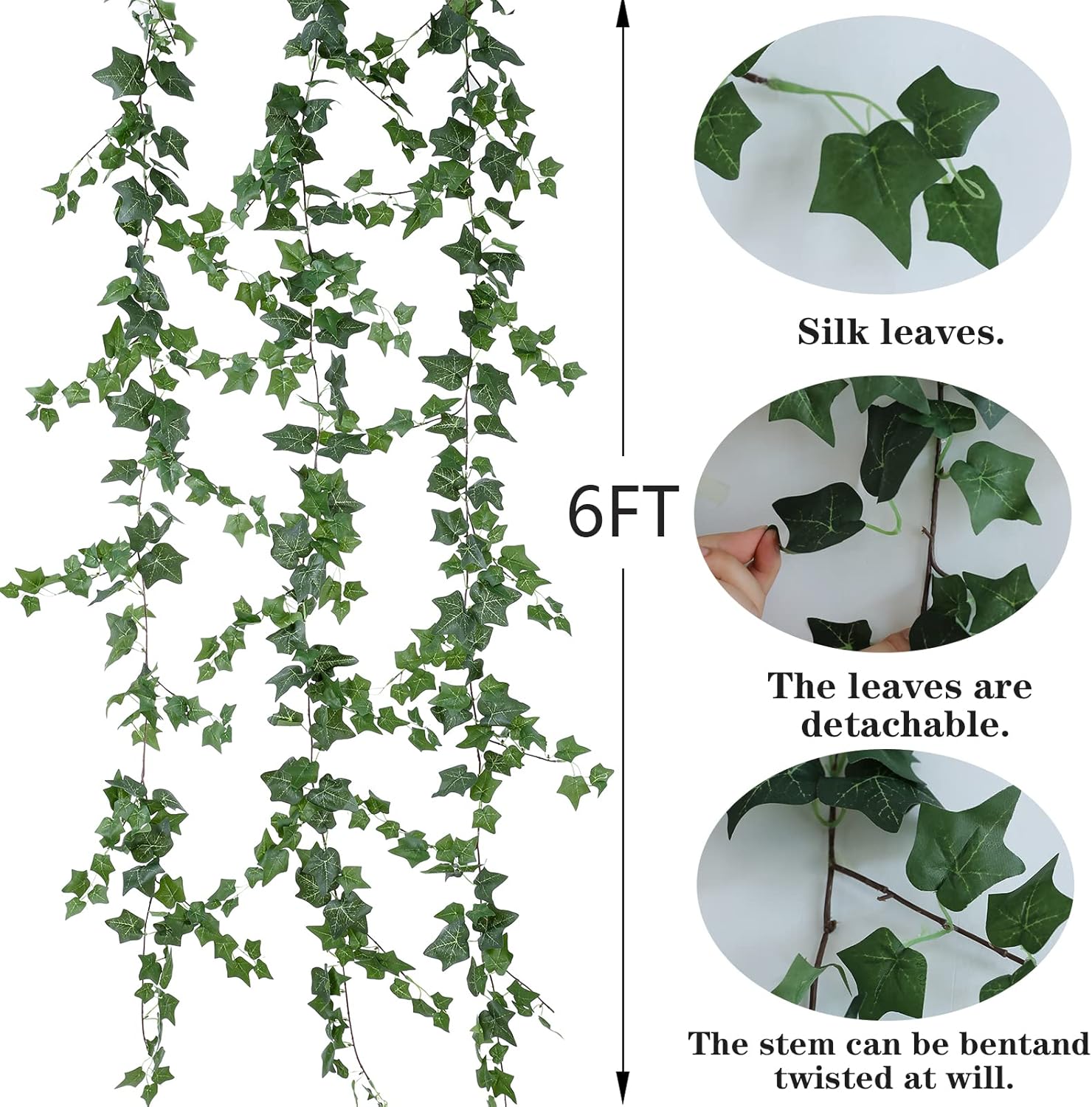 3Pcs Artificial Greenery Ivy Vines Kit, 6FT Odorless Silk Ivy Garland, Green Leaves Fake Hanging Plants, for Boho Decor, Home, Classroom, Wall, Party and Wedding Decoration
