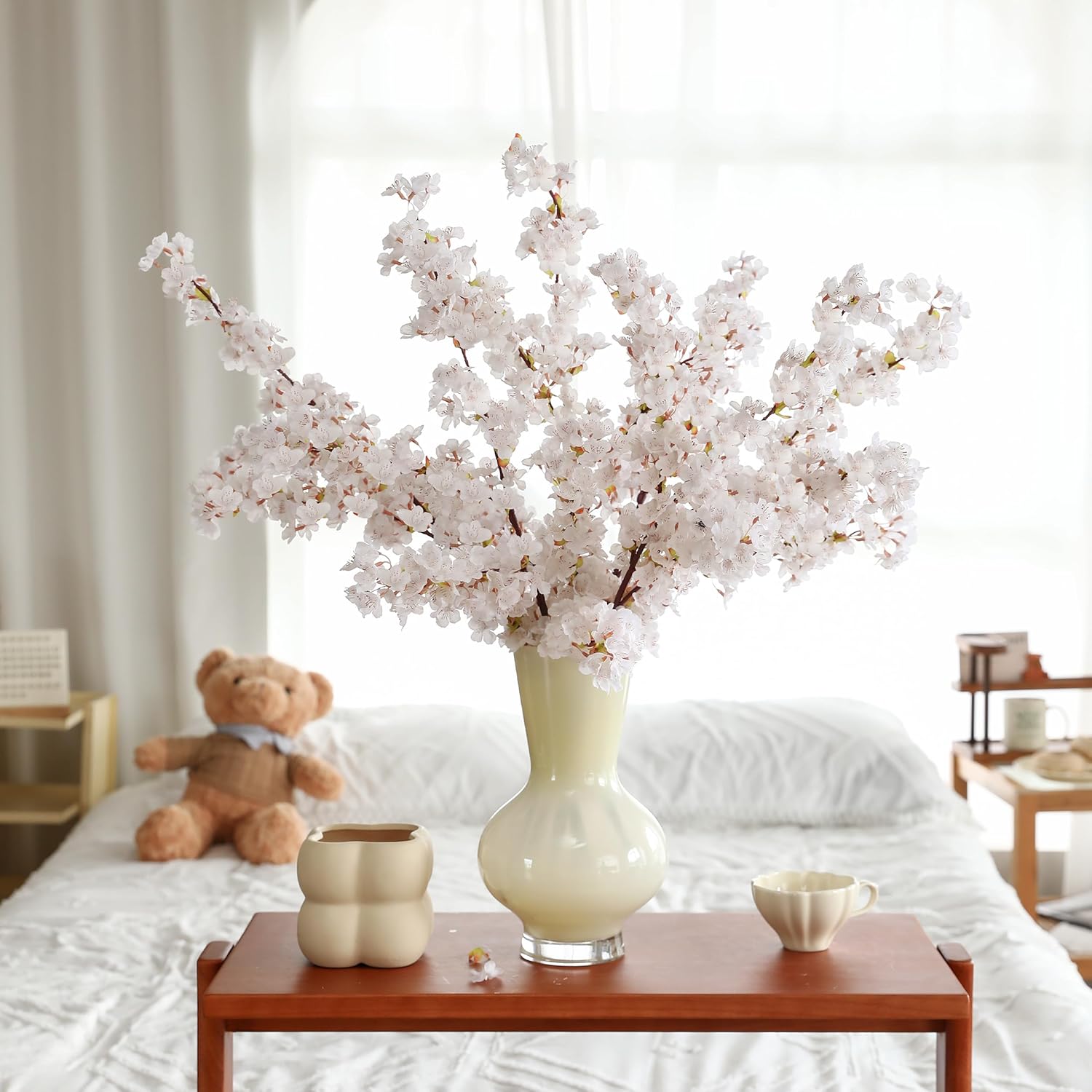 Artificial Cherry Blossom Branches 3Pcs 40" Faux Silk Cherry Blossom, Fake Flowers with Leaves Bouquet Decorations for Home Living Room Bedroom Table Centerpiece Vase Wedding Decor (White)