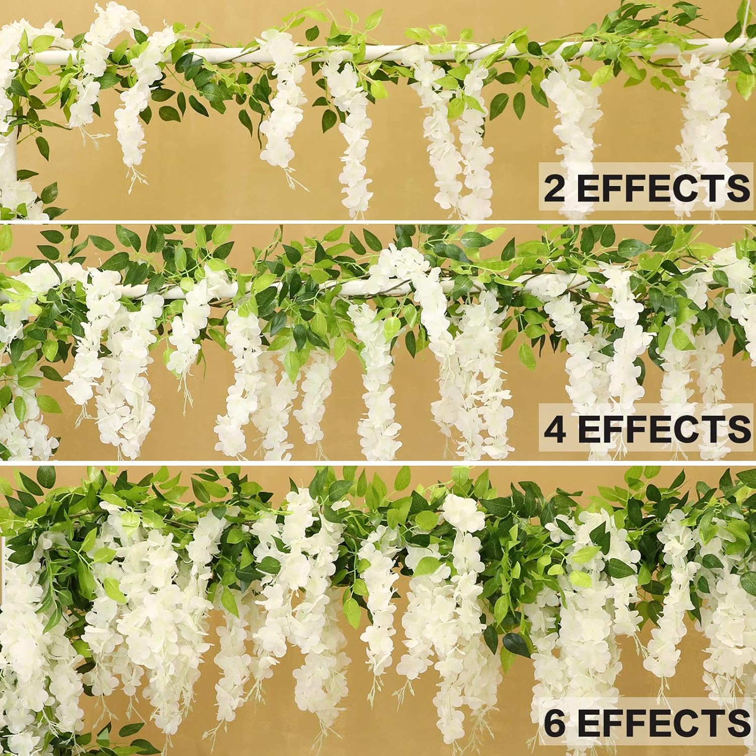 Wisteria Artificial Flowers Garland, 2Pcs 7.2Ft/Piece Silk Fake Wisteria Vine Kit, Hanging Flower for House Outdoor Garden Ceremony Outside Wedding Arch Floral Decor (2, White)