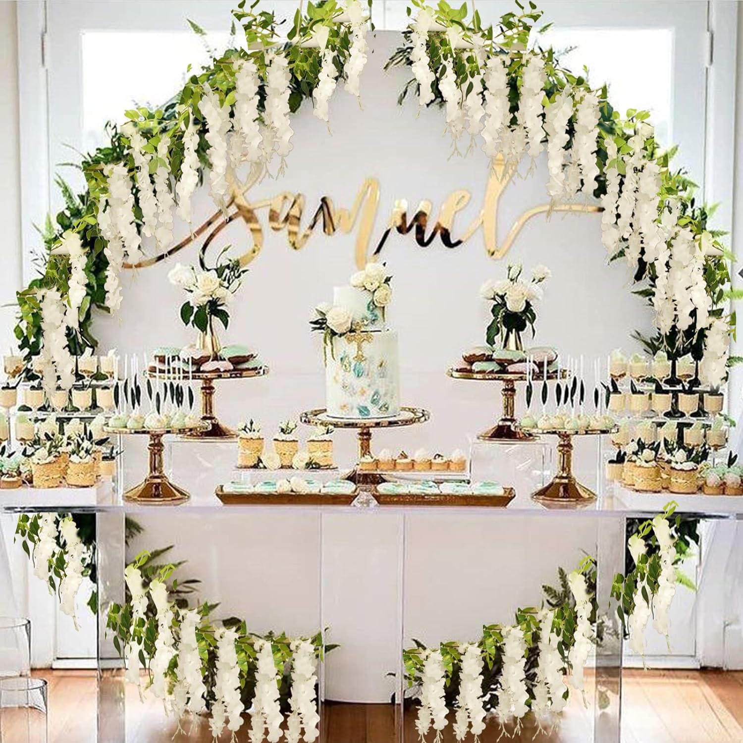 Wisteria Artificial Flowers Garland, 2Pcs 7.2Ft/Piece Silk Fake Wisteria Vine Kit, Hanging Flower for House Outdoor Garden Ceremony Outside Wedding Arch Floral Decor (2, White)
