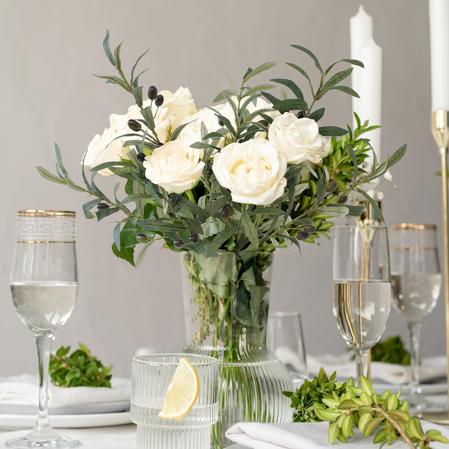 Artificial Olive Branch Greenery Plants,Fake Plants Green Faux Silk Leaves Fake Tree Branches Stems Bushes for Home, Office, Weddings, Room, Party, Vase Decorative(3 Branches, 28.3 inch/Each)