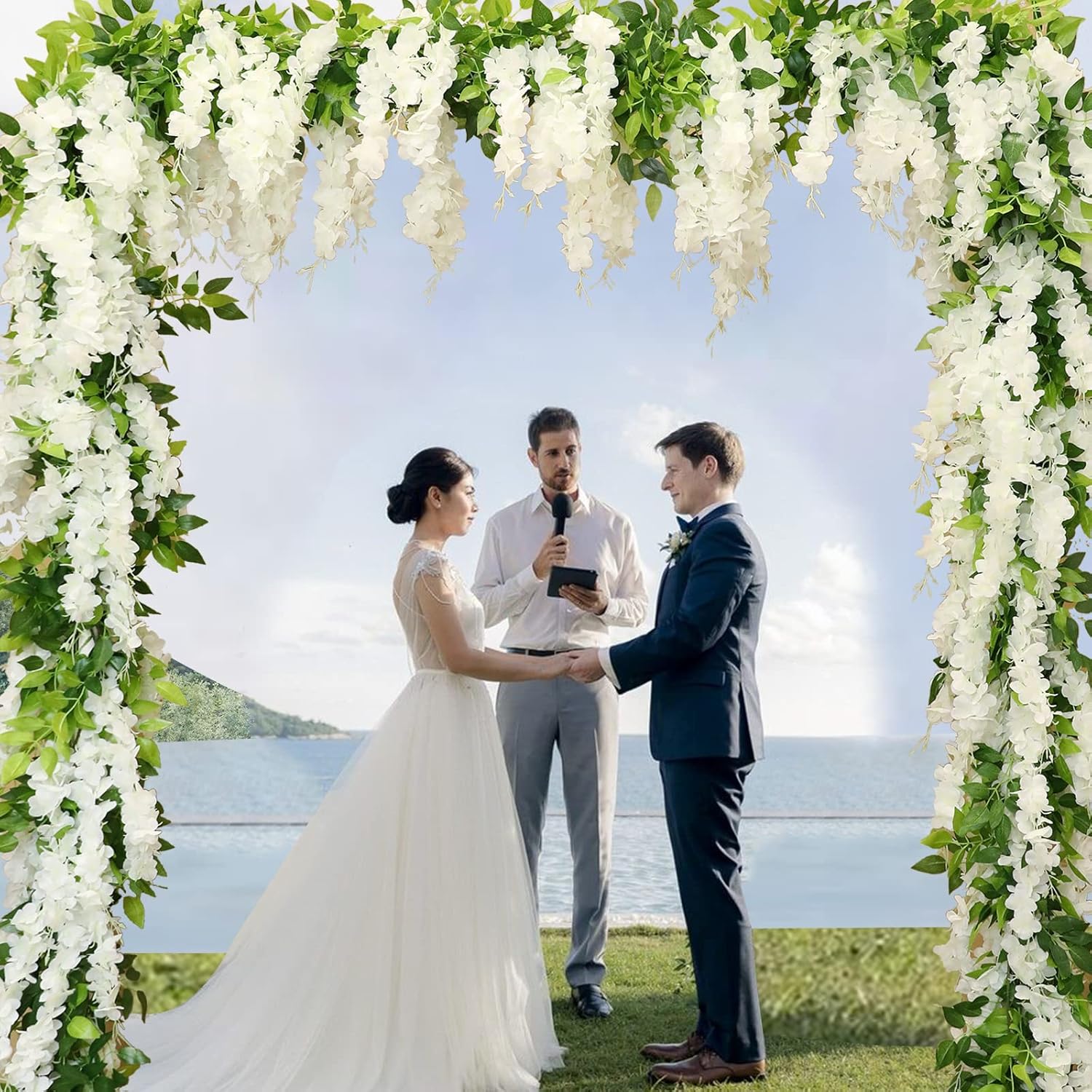 Wisteria Artificial Flowers Garland, 2Pcs 7.2Ft/Piece Silk Fake Wisteria Vine Kit, Hanging Flower for House Outdoor Garden Ceremony Outside Wedding Arch Floral Decor (2, White)