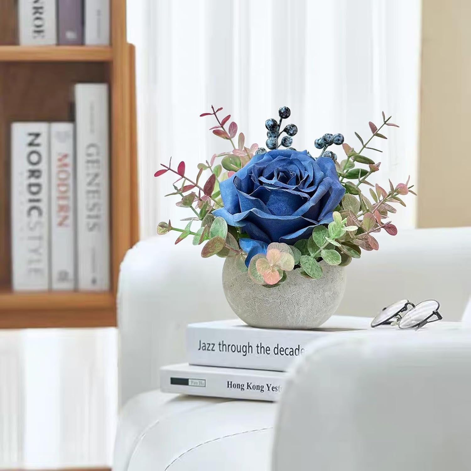 1pc Classic Artificial Rose and Greenery Arrangement in Pot - 6in Plastic Floral Decor for Office, Bookshelf, Bedroom, Living Room - Ideal for Christmas, Thanksgiving, Valentine&