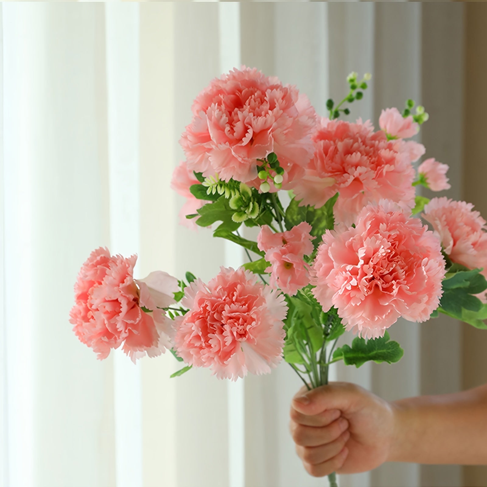 Boho Style Artificial Carnation Flowers with Stems, 10-Head Silk Pink Faux Floral Arrangement for DIY Home, Bridal Wedding, Birthday Party, Desk, Kitchen, Office Decor, Mother&