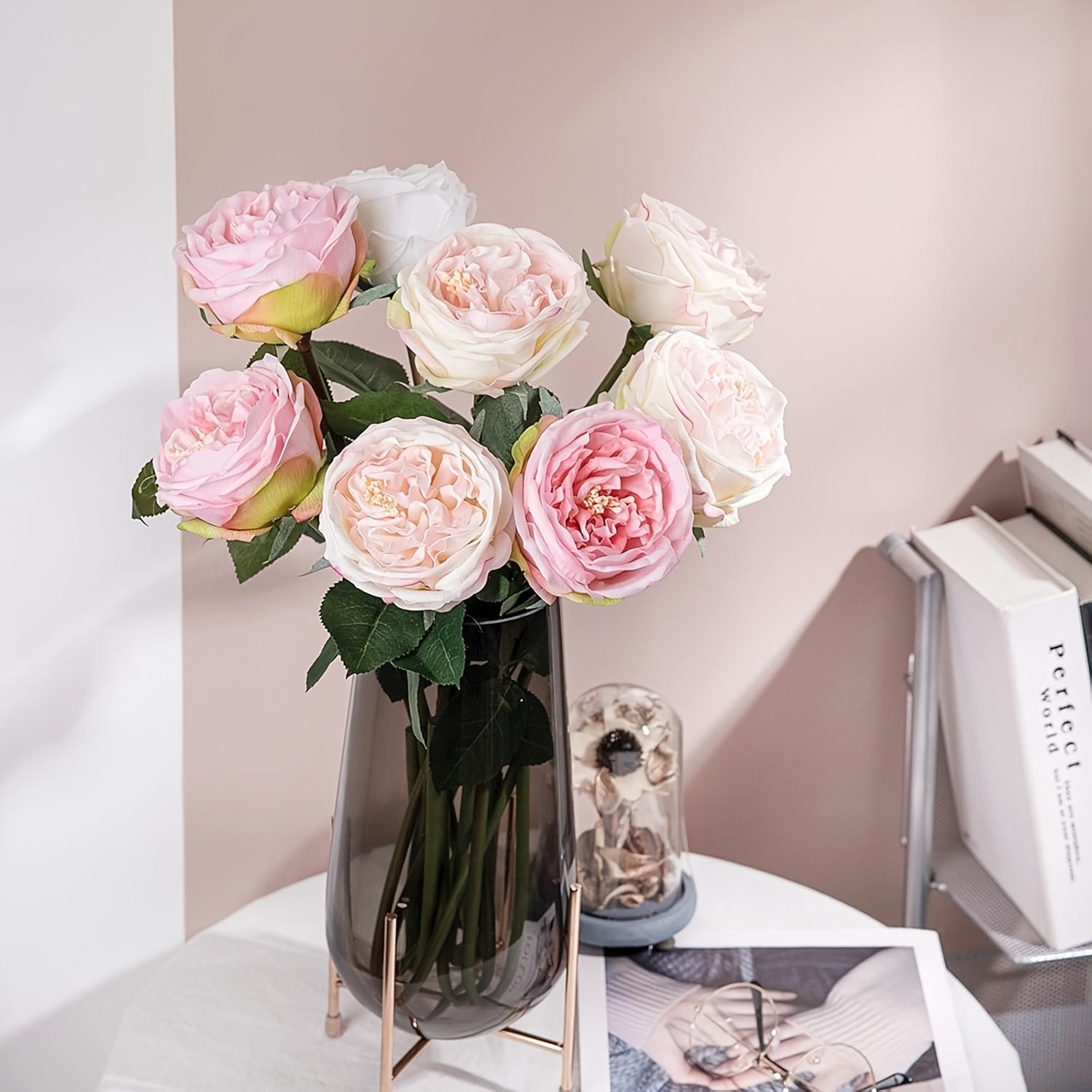 2pcs UKELER Real Touch Latex Pink Austin Roses, Plastic Artificial Flowers for Wedding Bouquet, Home Decor, Tabletop Arrangement, Thanksgiving, Christmas, Easter, Valentine&
