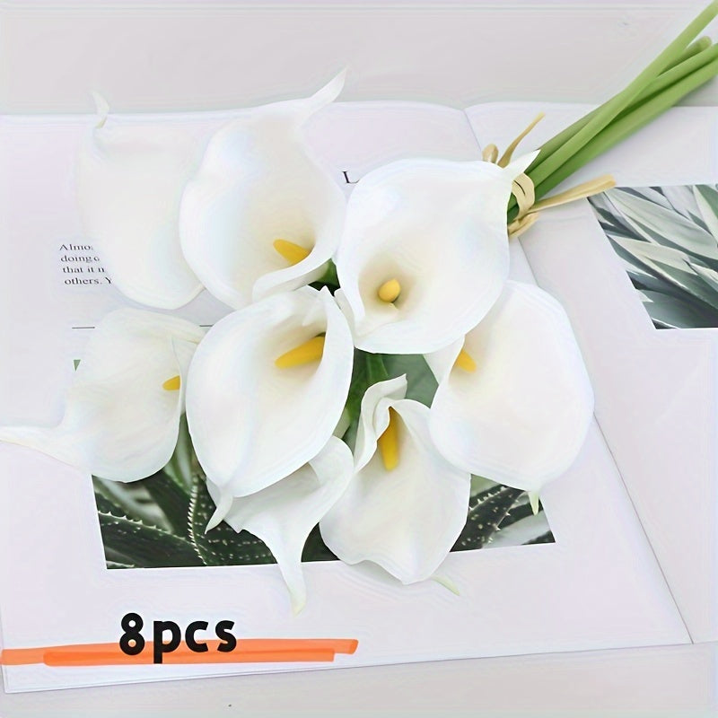 1 Bunch/8pcs Premium Oxidation Resistance Artificial Flower, White Flowers Artificial Calla Lily Silk Flowers 13.4" for Home Kitchen Wedding, Wedding Supply