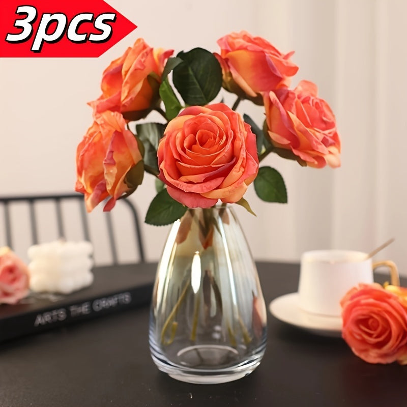 Glam Style 3-Pack Artificial Rose Swags, Real Touch Faux Flowers Bouquet with Stems, Plastic Floral Arrangements, Home Office Decor, Hanukkah Centerpiece, Outdoor Garden Decorations