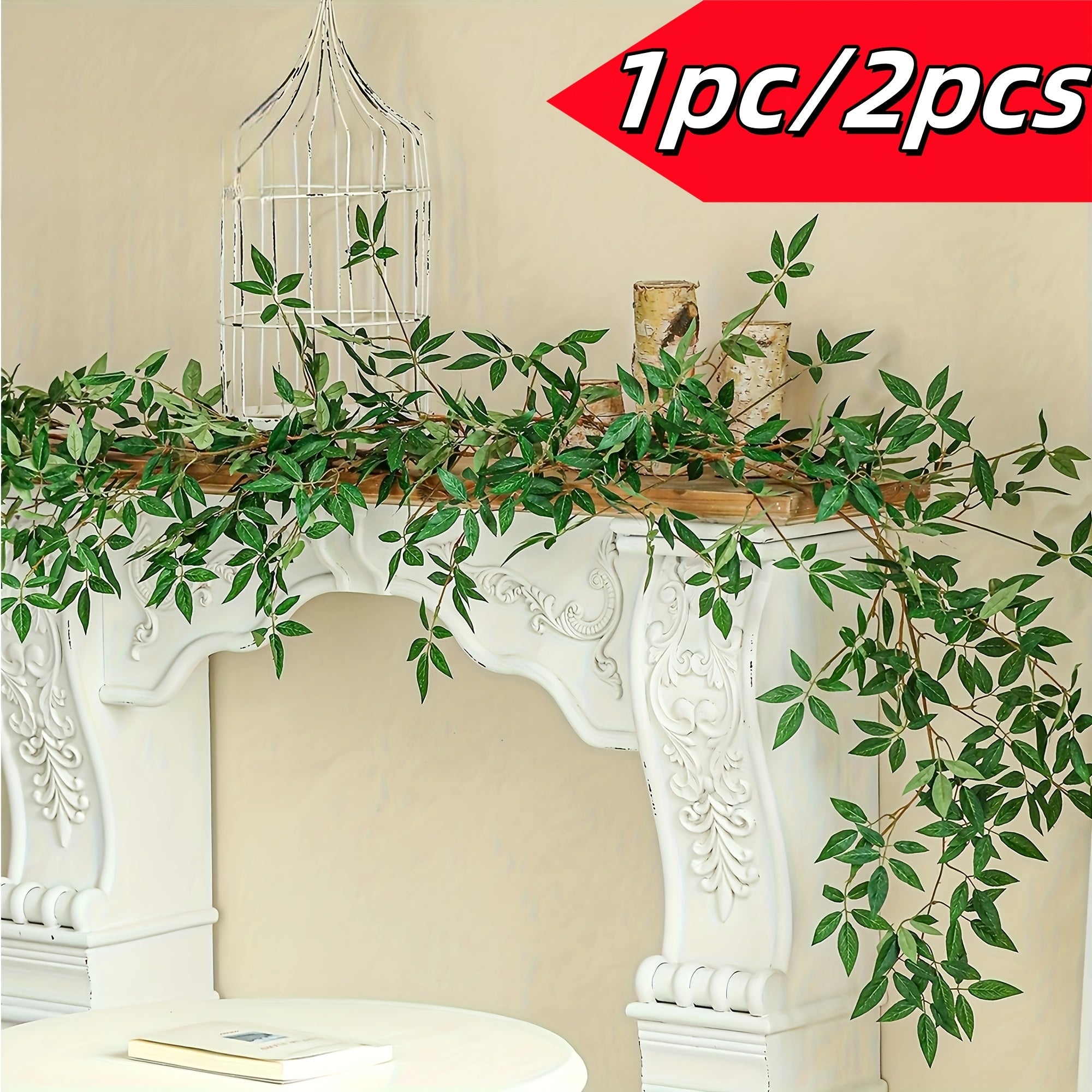 1pc, 27-inch Woody Leaf Italian Ruscus Green Stem, Artificial Green Leaf Wreath Vine Hanging Spray, for DIY Wedding Arch Bouquet