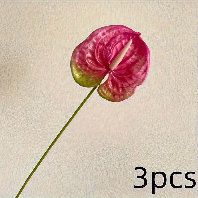 3-Pack Artificial Anthurium Flower Stems - Boho Style Versatile Plastic Floral Decor