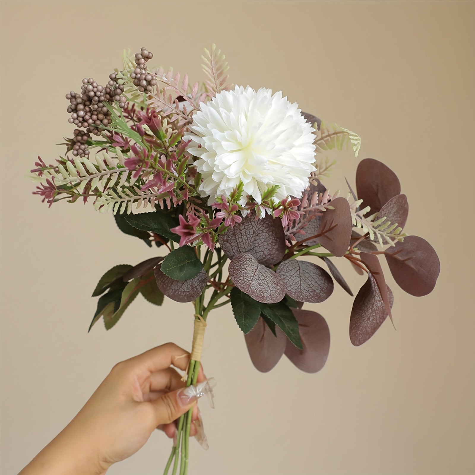 Classic Artificial Chrysanthemum & Eucalyptus Leaf Bouquet - Versatile Faux Floral Arrangement for Home, Kitchen, Table Decor, Weddings, and Seasonal Celebrations - Durable, Easy-to-Style Plastic Swags for Halloween, Easter, Valentine&