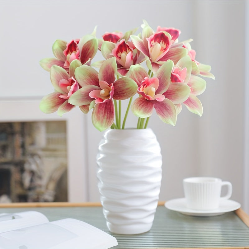 1pc Boho Chic Artificial Orchid Bouquet with 6 Blooms - Perfect for Home Decor, Weddings & Parties, Orchid, Double Stem, Silk