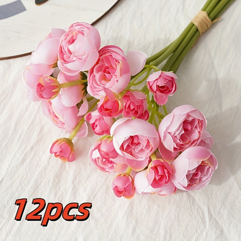 12pcs BloomBouquet Artificial Camellia Flower Arrangement - Plastic Tea Flowers for DIY Wedding, Proposal, Home & Living Room Decor - Versatile for Christmas, Thanksgiving, Valentine&
