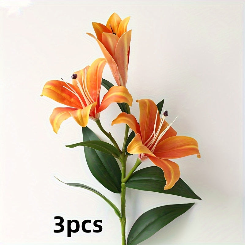 3 Pack Multi-Head Artificial Lily Flowers, No Power Needed, Faux Plastic Floral Craft for Home, Office Decor, Special Occasions, and Holiday Decorations