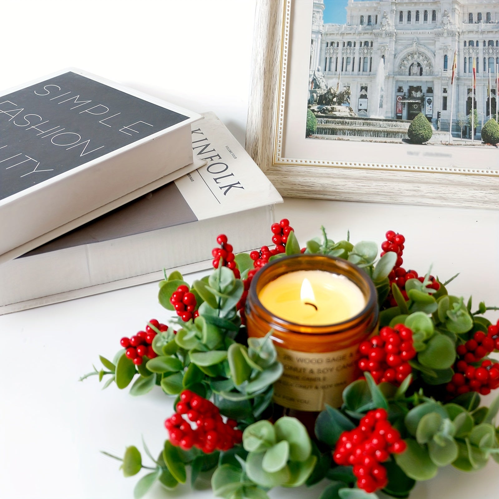1/2pcs Festive Christmas Candle Holder Wreaths - Red & White Berry Design, Perfect for Holiday Decor, Valentine&