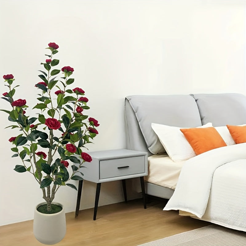 1pc Artificial Camellia Tree 4FT, Red/White Faux Camellia Plant 47" Fake Potted Camellia Flower Tree Plastic Camellia Tree for Modern Home Office Living Room Floor Decor Indoor