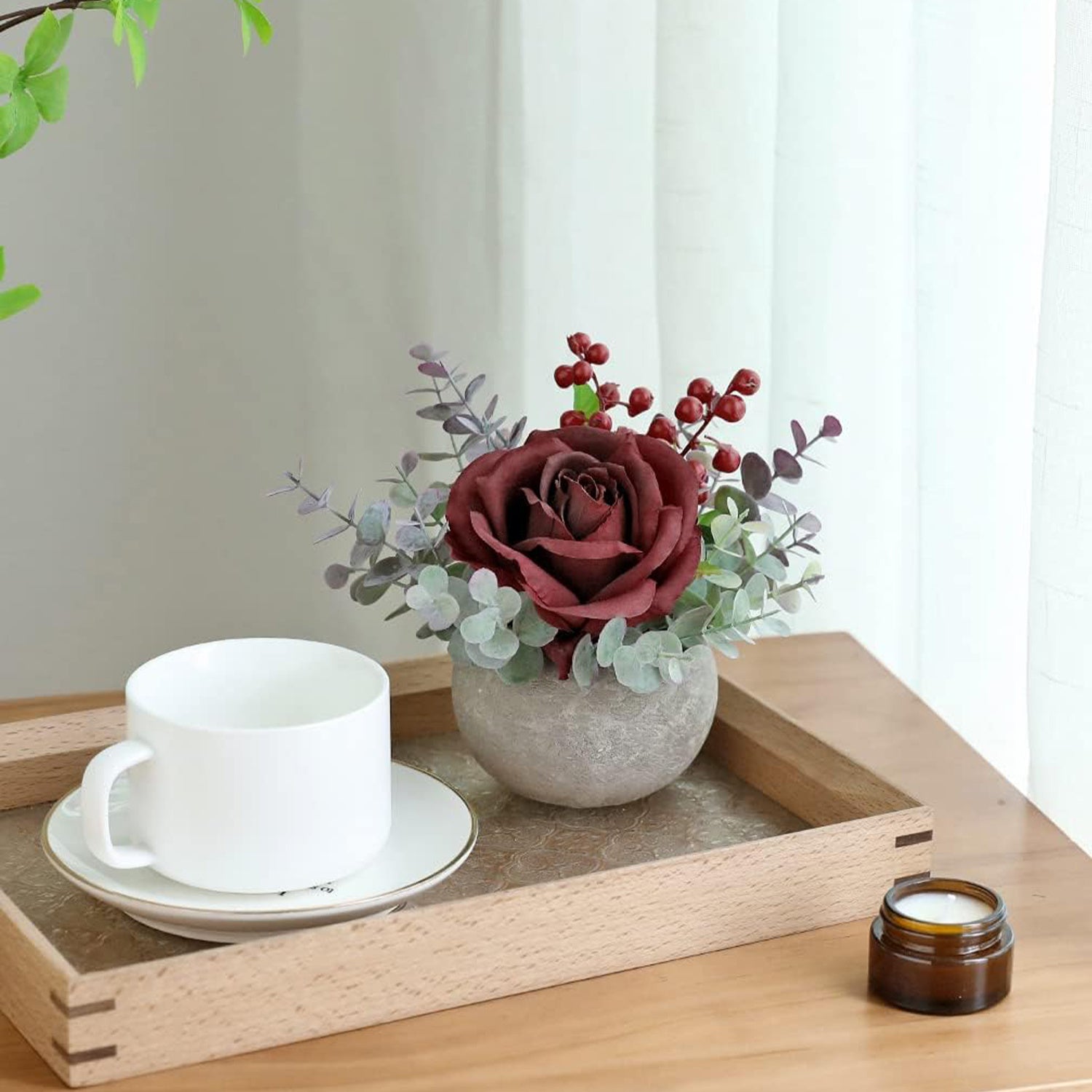 1pc Classic Artificial Rose and Greenery Arrangement in Pot - 6in Plastic Floral Decor for Office, Bookshelf, Bedroom, Living Room - Ideal for Christmas, Thanksgiving, Valentine&