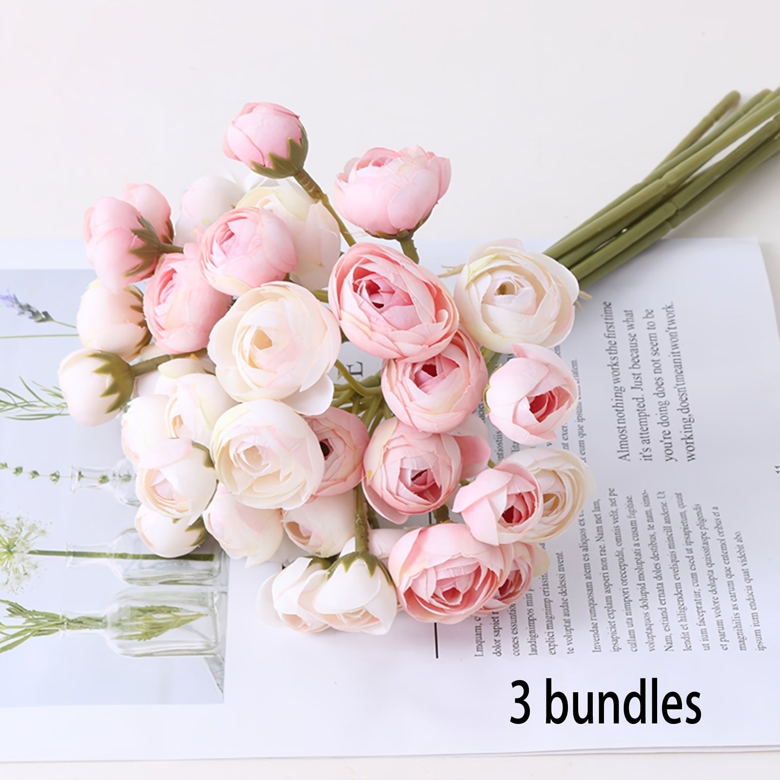3/5 Bunches of Artificial Mini Rose Camellia Bouquets, Hand-tied Artificial Flowers Brazilian Small Tea Roses, Perfect for DIY Bouquets, Wedding and Party Decorations, Home Office Desk Center Decorations, Outdoor Gardens, Engagement, Valentine&