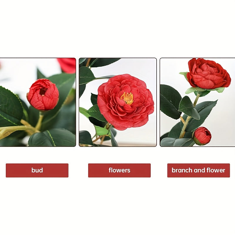 1pc Artificial Camellia Tree 4FT, Red/White Faux Camellia Plant 47" Fake Potted Camellia Flower Tree Plastic Camellia Tree for Modern Home Office Living Room Floor Decor Indoor