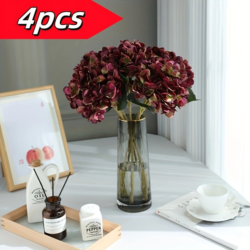 4pcs Artificial Hydrangea Flowers with Stems, Fake Flowers for Outdoor Weddings, Offices, Family Gatherings, Living Room, Table Decorations, Home Decoration