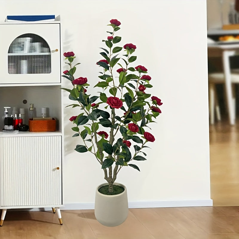 1pc Artificial Camellia Tree 4FT, Red/White Faux Camellia Plant 47" Fake Potted Camellia Flower Tree Plastic Camellia Tree for Modern Home Office Living Room Floor Decor Indoor
