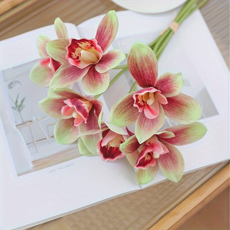 1pc Boho Chic Artificial Orchid Bouquet with 6 Blooms - Perfect for Home Decor, Weddings & Parties, Orchid, Double Stem, Silk