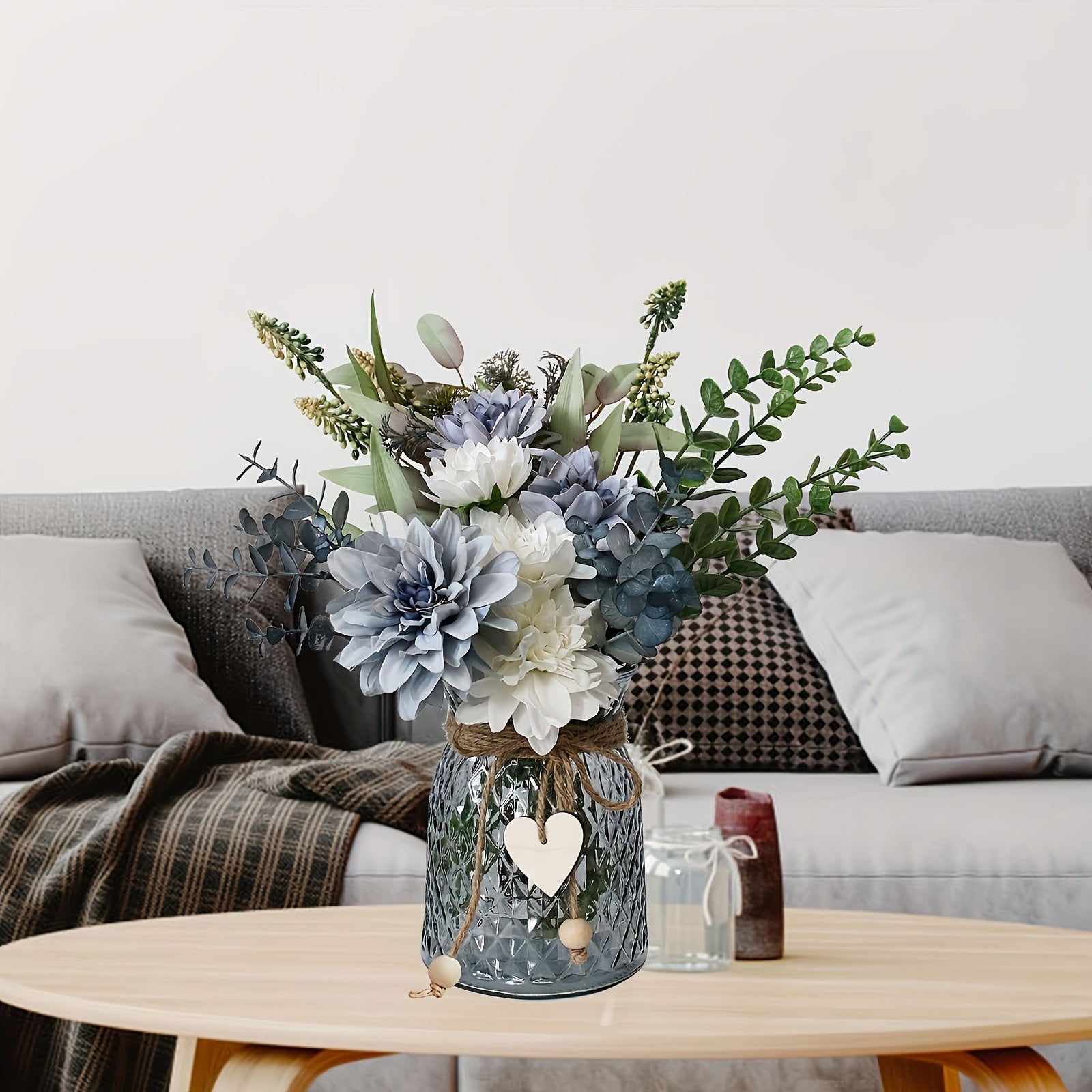 Festive Artificial Floral Arrangement, 15.7in/40cm, Fabric Dahlia & Eucalyptus, Home Decor for Living Room, Perfect for Birthday, Christmas, Easter, Thanksgiving, Valentine&