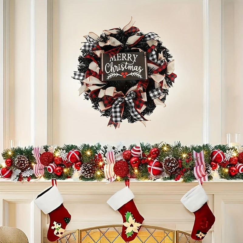 1pc Festive Fabric Christmas Wreath with Black Faux Leaves and Bow - Wall Mountable Holiday Decor for Home, Living Room, Kitchen, Door, Window, Patio, Wedding, Christmas, Thanksgiving, New Year, Mother&