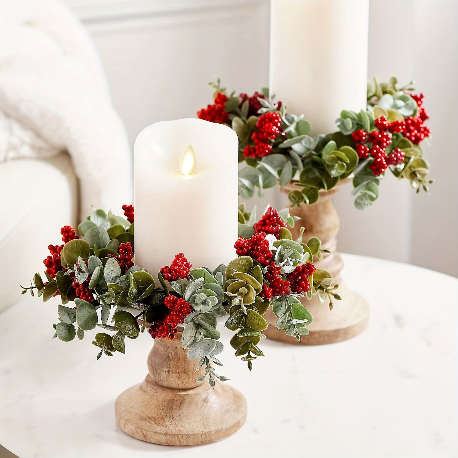 1/2pcs Festive Christmas Candle Holder Wreaths - Red & White Berry Design, Perfect for Holiday Decor, Valentine&