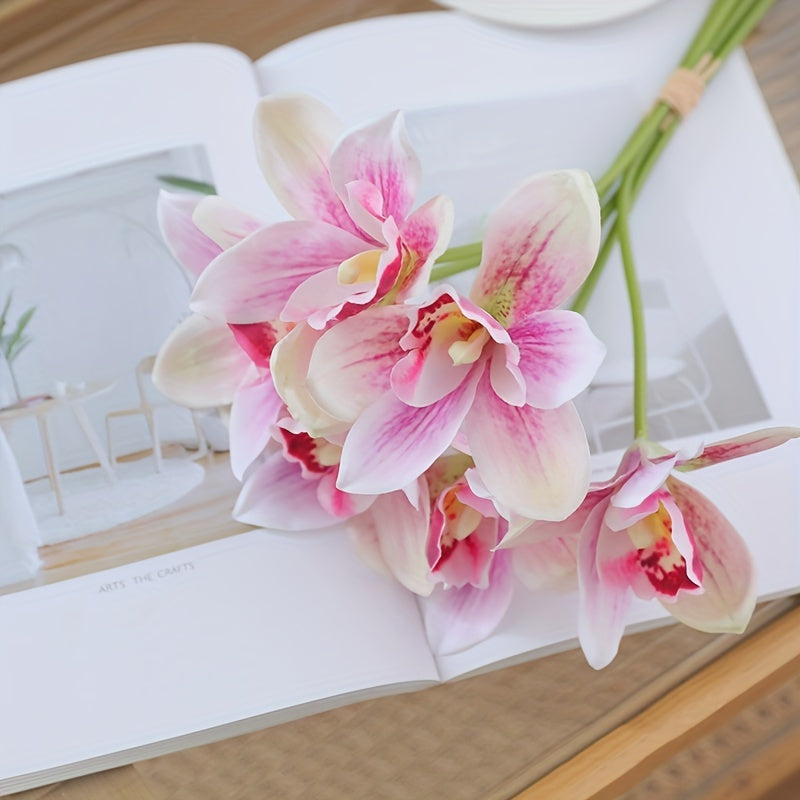 1pc Boho Chic Artificial Orchid Bouquet with 6 Blooms - Perfect for Home Decor, Weddings & Parties, Orchid, Double Stem, Silk