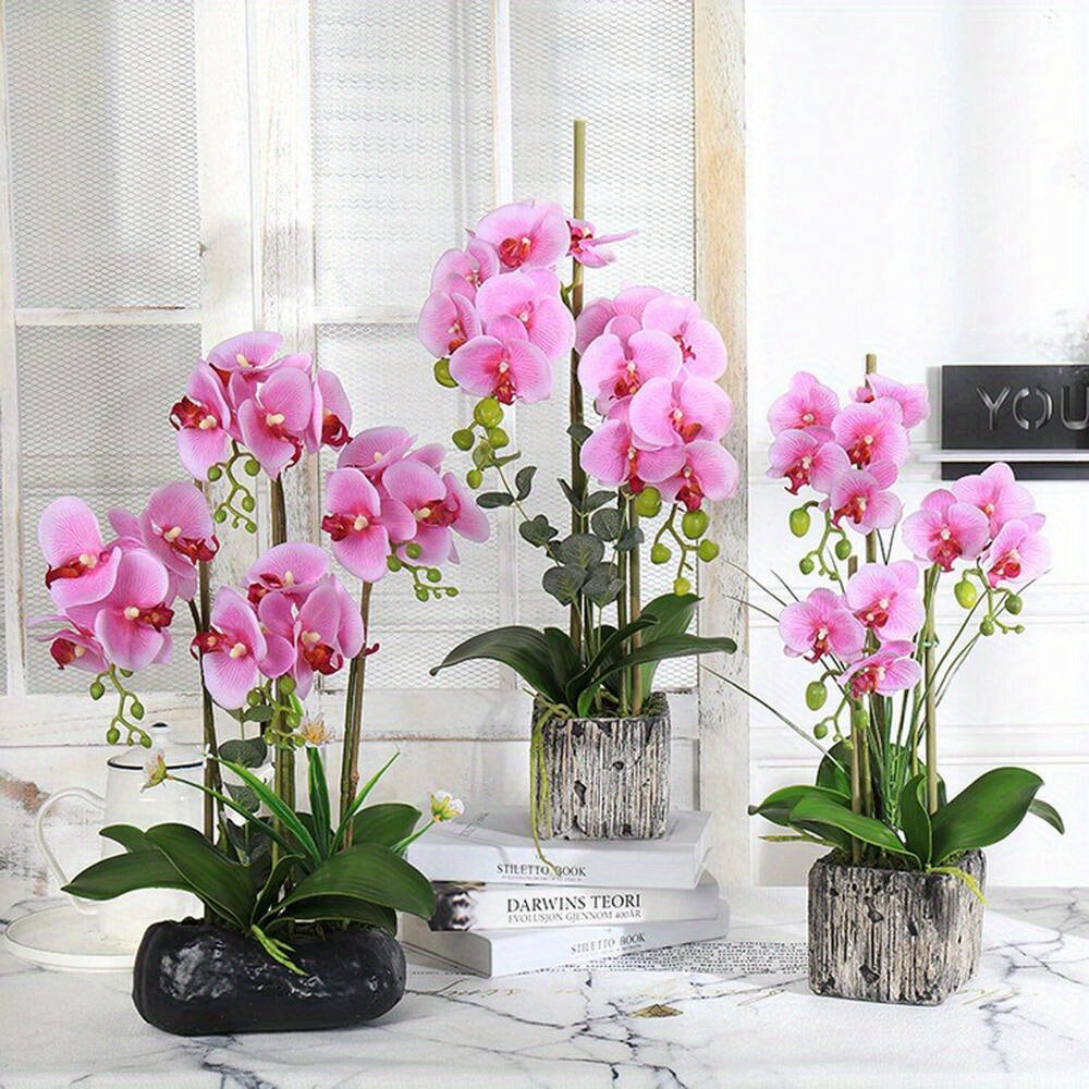 3pcs Evergreen Phalaenopsis Orchid Artificial Leaves and Flowers, Plastic Faux Plant Decor for Home, Desk, Vase - Ideal for Get Well, Valentine&